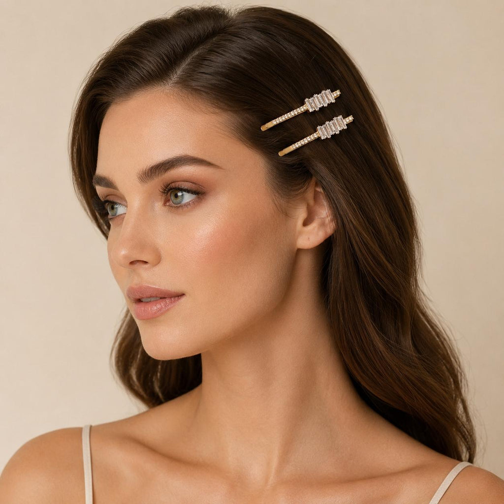 Kit 2 Presilhas de Cabelo Retângulo Zircônia | Presilha Feminina Elegante Dourado e Prateado