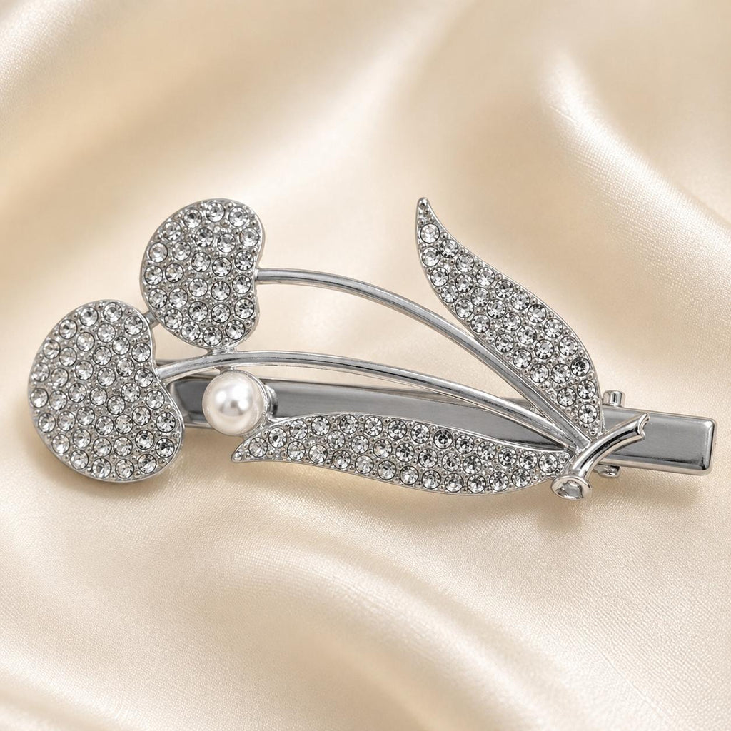 Presilha Duplo Coração e Folha com Pérola e Zircônias Delicada | Grampo Dourado e Prateado Acessório Feminino Elegante para Cabelo