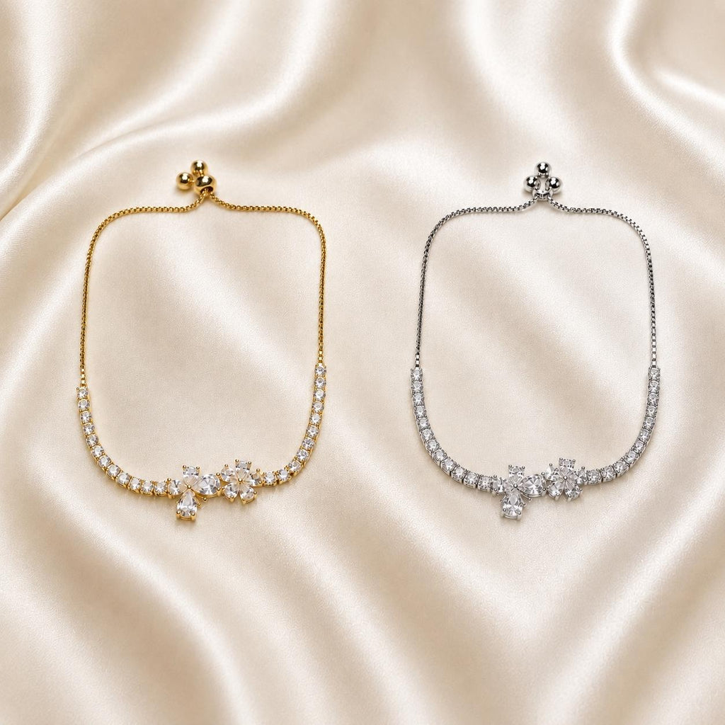Pulseira Ajustável Duas Flores com Zircônias Brilhantes | Pulseira Feminina Dourada e Prateada Acessório Delicado Luxuoso para Presente