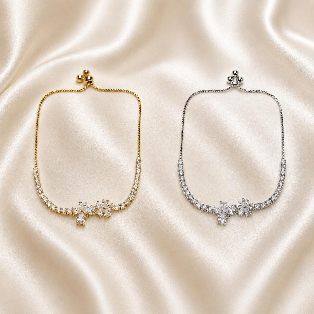Pulseira Ajustável Duas Flores com Zircônias Brilhantes | Pulseira Feminina Dourada e Prateada Acessório Delicado Luxuoso para Presente