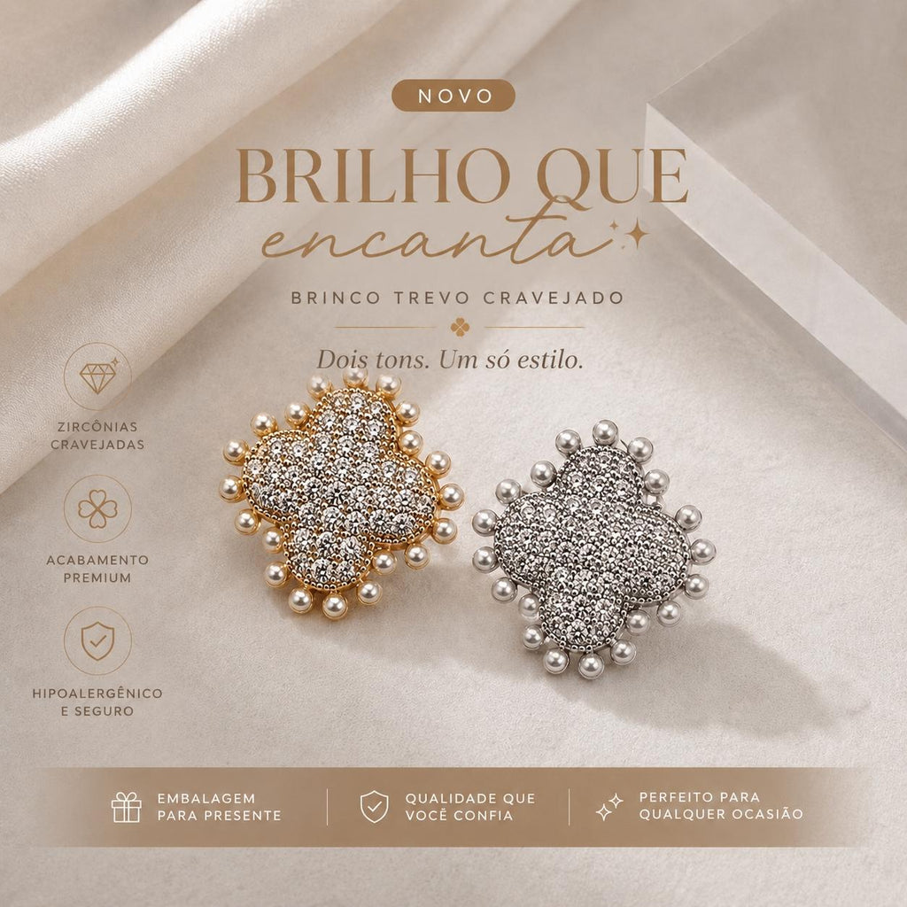 Brinco Trevo com Zircônias e Pérolas