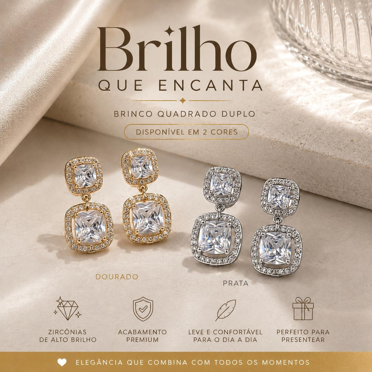 Brinco Pendente Duplo Quadrado com Zircônias