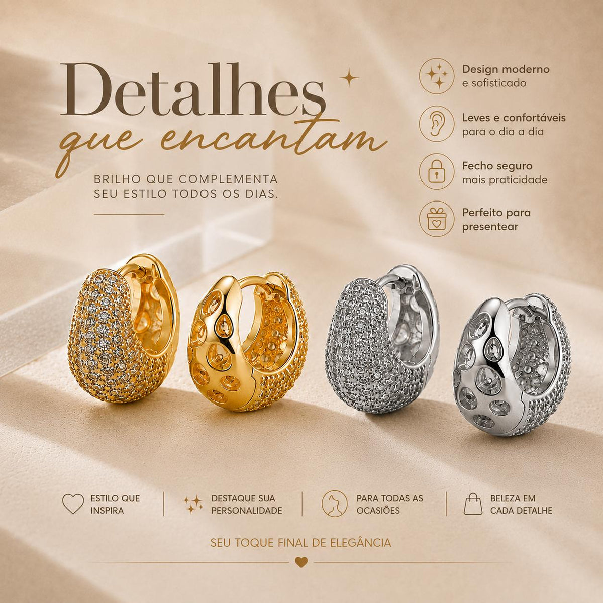 Brinco Argola Oval Pavê Zircônia Dourado/Prateado | Leve, Confortável para Uso Diário e Festas