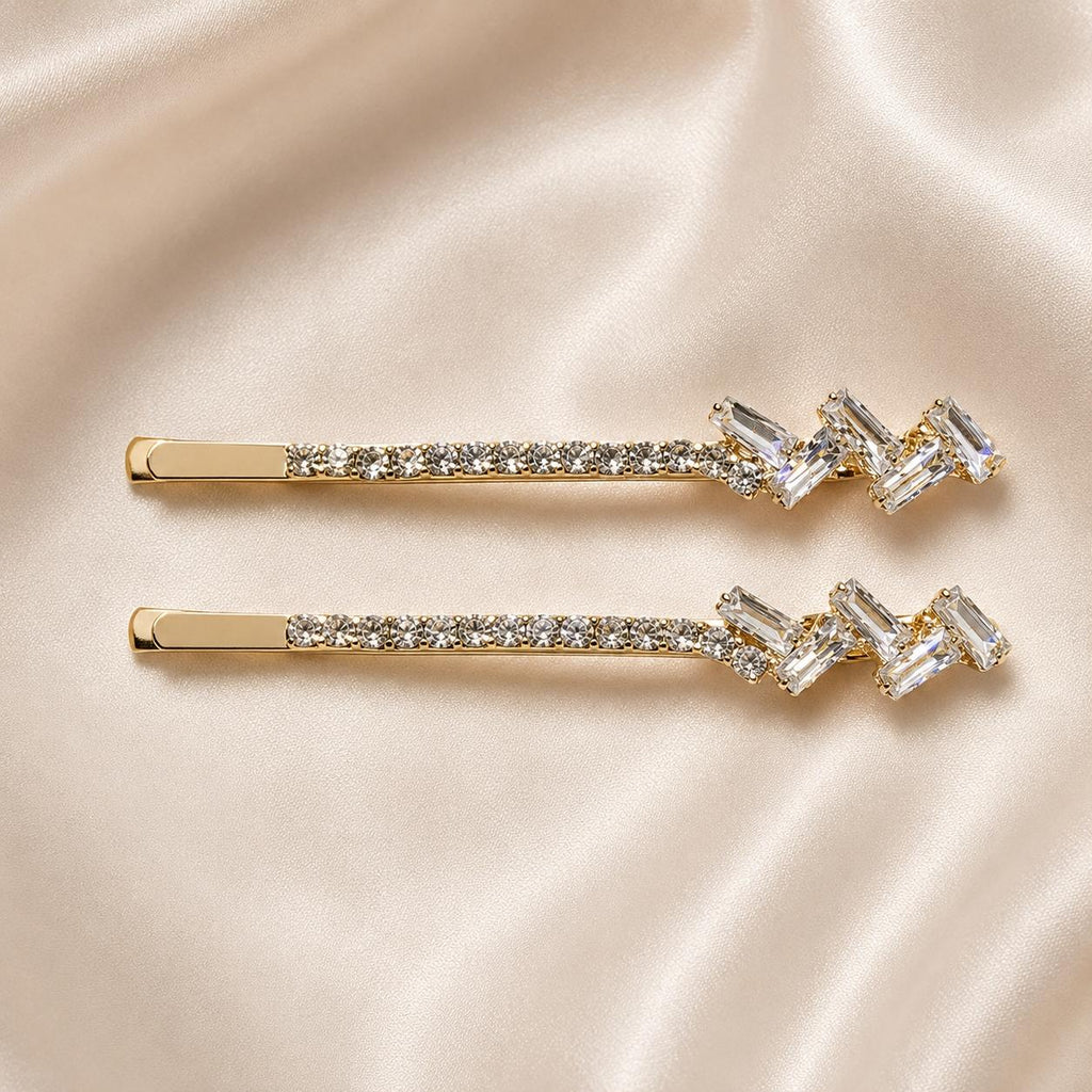 Kit 2 Grampos de Cabelo com Zircônia Brilhante | Presilha Feminina Elegante Dourado e Prateado
