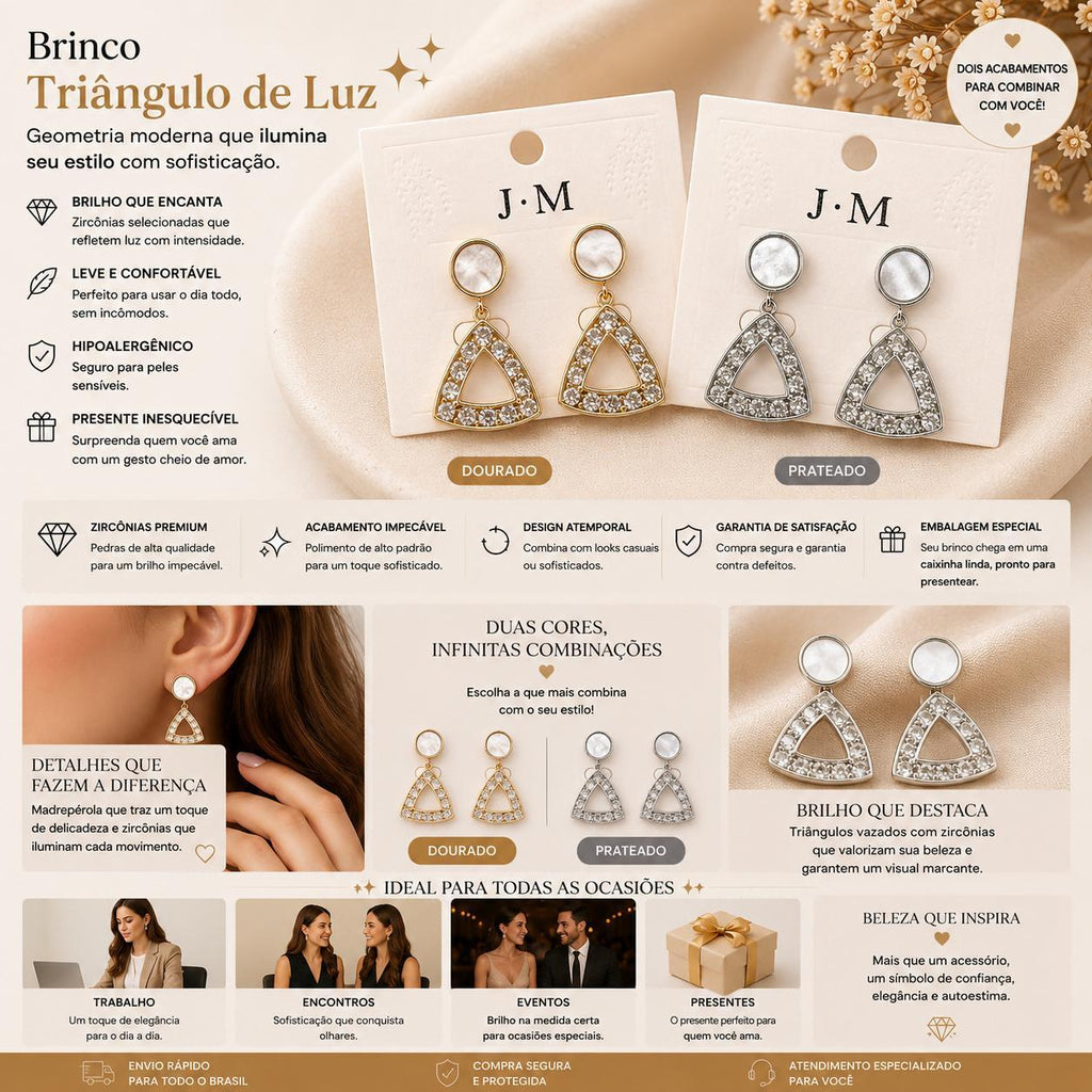 Brinco Pendente Triangular com Madrepérola e Zircônias