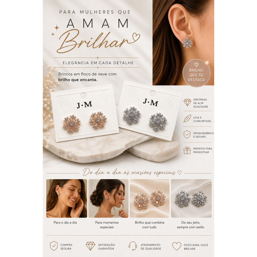 J&M Brinco Flor de Neve com Zircônias Redondas e Corte Baguete para Mulheres que Buscam Charme e Personalidade