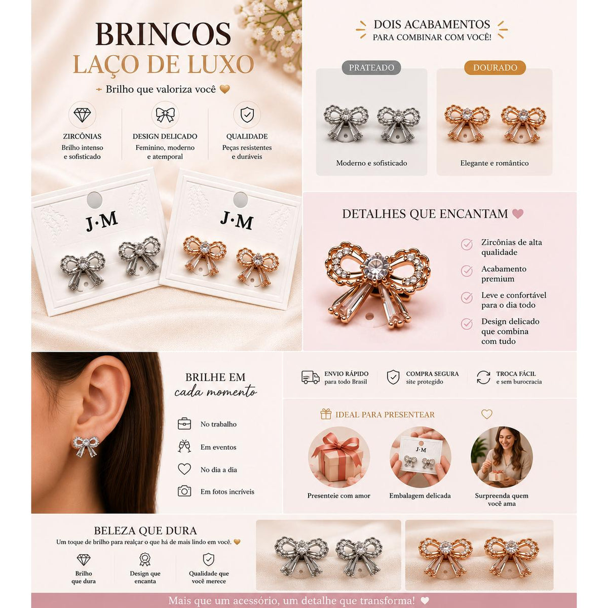 Brinco Laço com Zircônias Redondas e Baguete Design Feminino e Romântico para Mulheres
