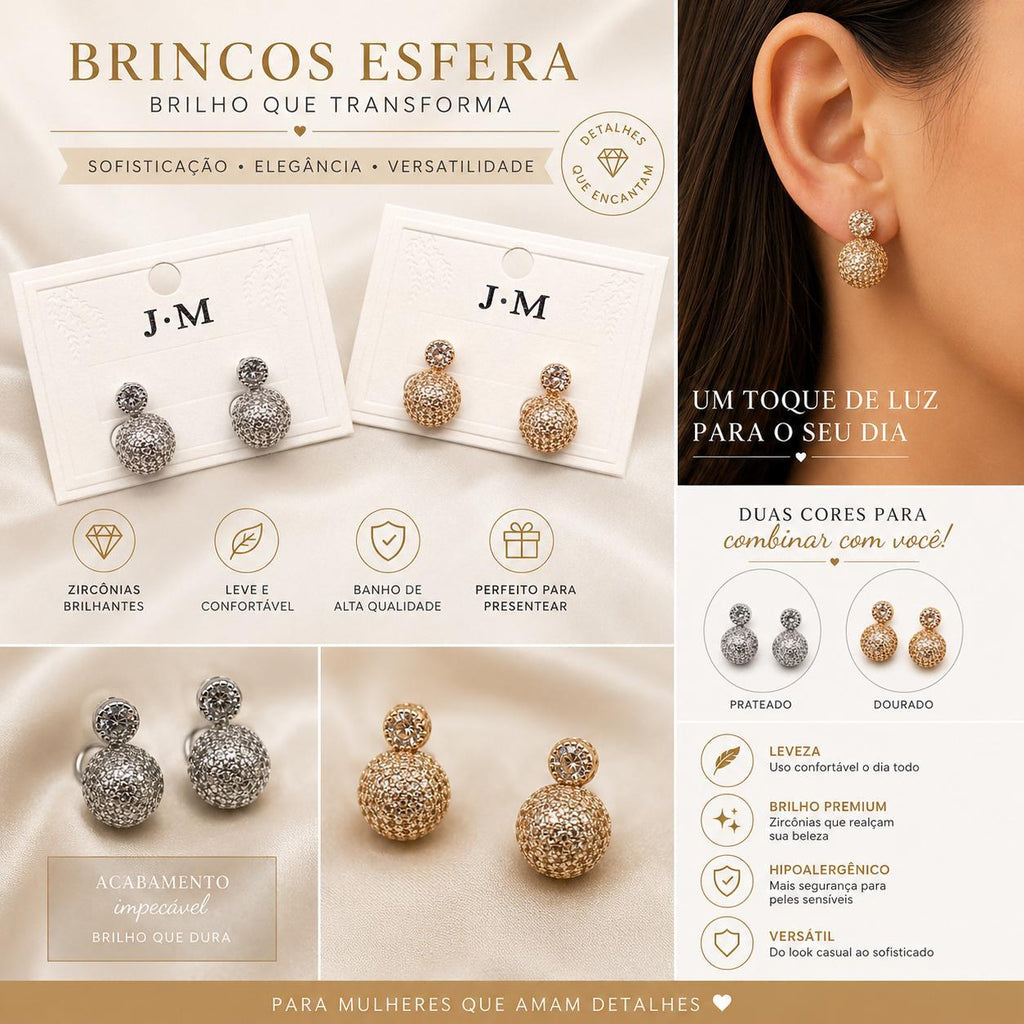 Collection Brinco Dupla Esfera em Zircônia Luxo com Brilho Contínuo e Design Moderno para Ocasiões Especiais