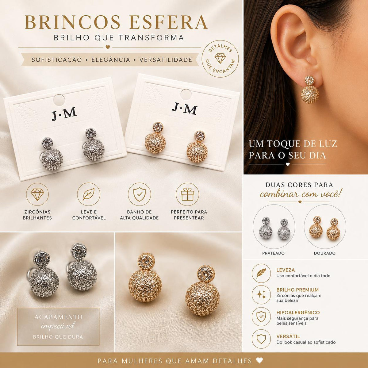 Collection Brinco Dupla Esfera em Zircônia Luxo com Brilho Contínuo e Design Moderno para Ocasiões Especiais