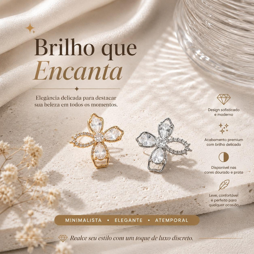 Brinco Flor Assimétrica com Zircônias Corte Marquise e Redondo Design Leve e Moderno para Estilos Românticos
