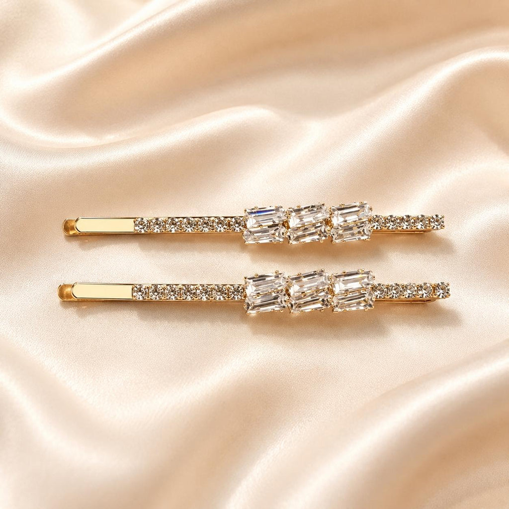 Kit 2 Presilhas de Cabelo com Zircônias Retangulares | Presilha Feminina Elegante Dourado e Prateado