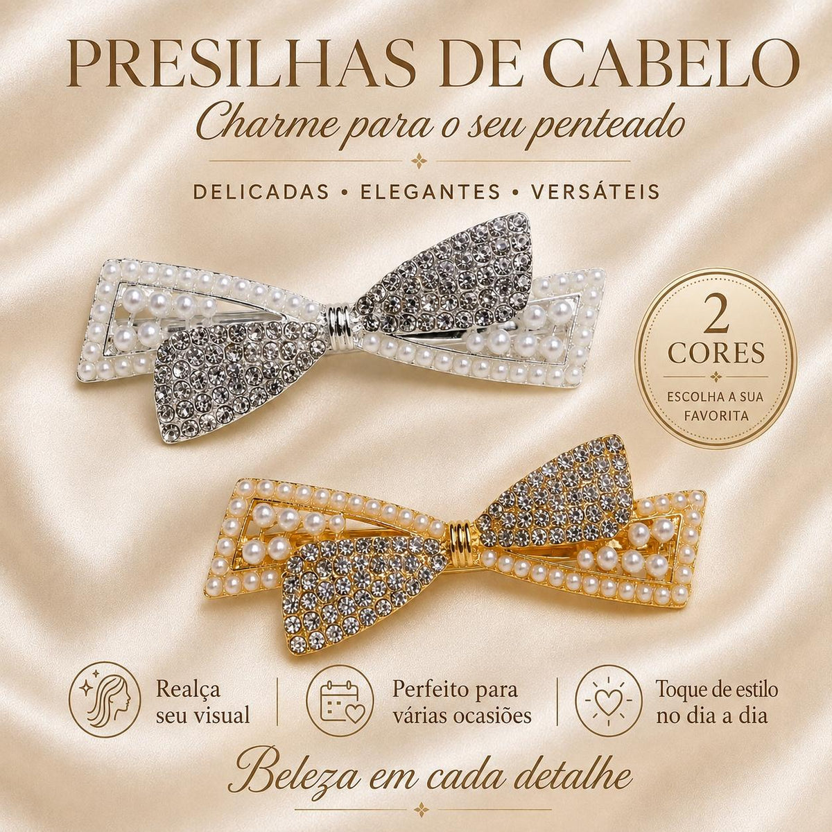 Presilha Laço com Pérolas e Zircônias Dupla Textura | Grampo Elegante Dourado e Prateado para Cabelo Dia a Dia e Festas