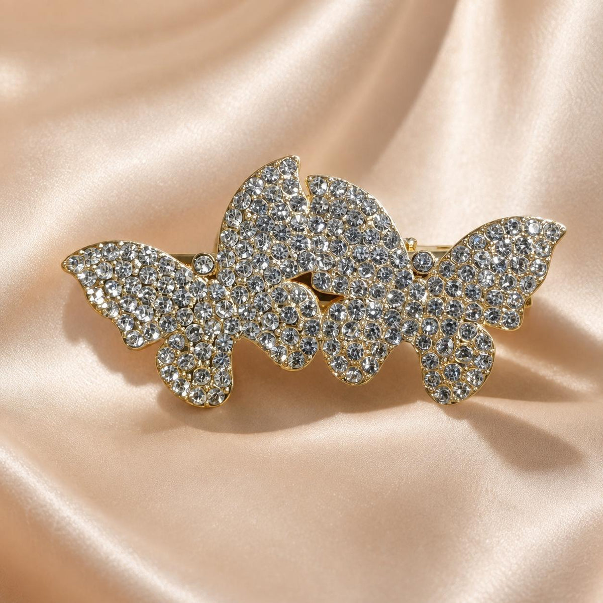 Presilha Dupla Borboleta Cheia de Zircônias | Grampo Elegante Dourado e Prateado para Cabelo, Dia a Dia e Festas