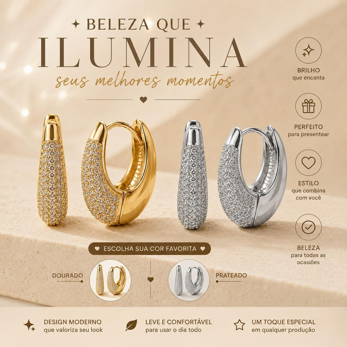 Brinco Argola Cravejado Brilhante Dourado/Prateado | Leve, Uso Diário, Ótimo para Presente