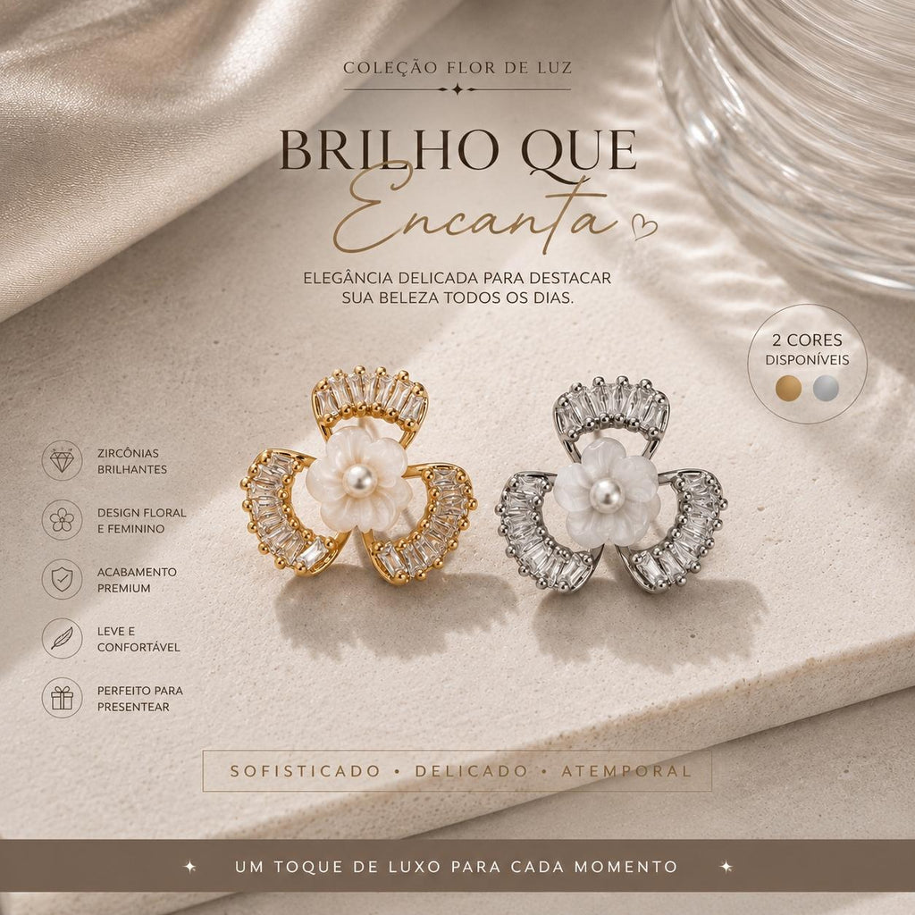 Brinco Trevo com Flor de Pérola e Zircônias