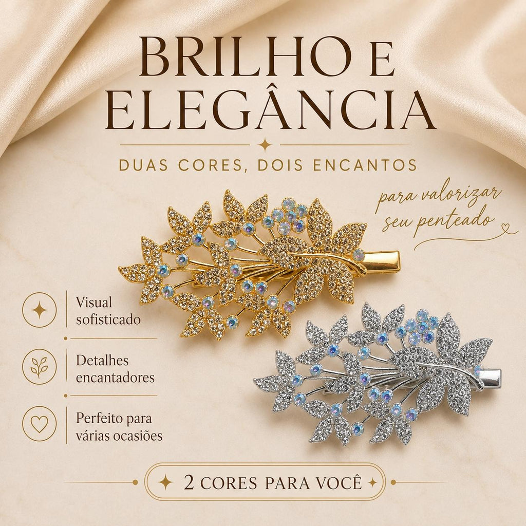 Presilha Folhas com Zircônias Coloridas Sofisticada | Grampo Dourado e Prateado Acessório Feminino para Dia a Dia e Festas