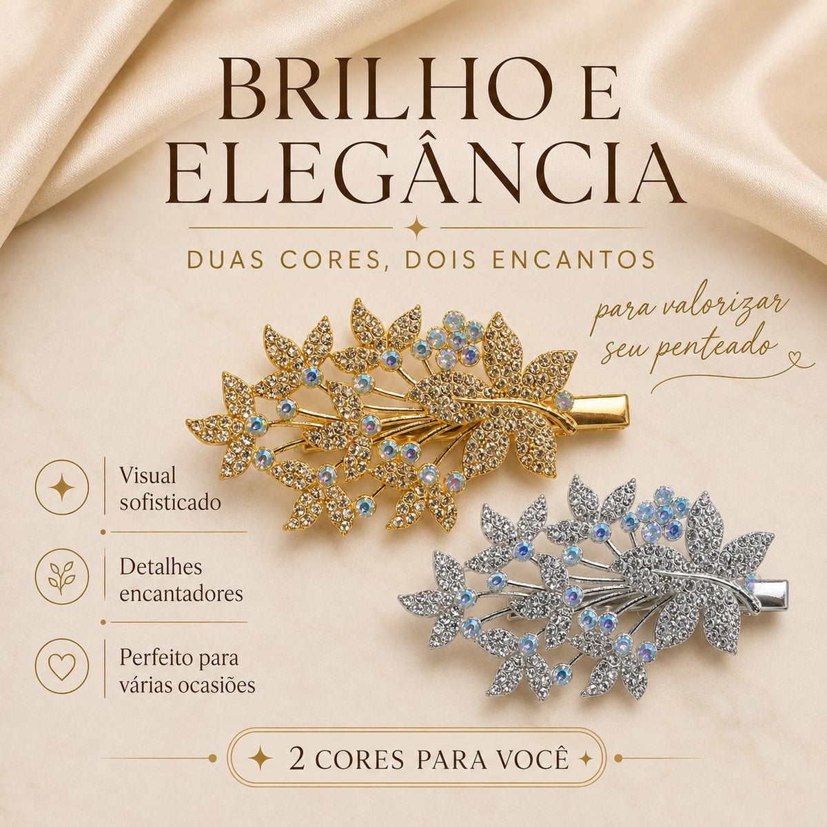 Presilha Folhas com Zircônias Coloridas Sofisticada | Grampo Dourado e Prateado Acessório Feminino para Dia a Dia e Festas
