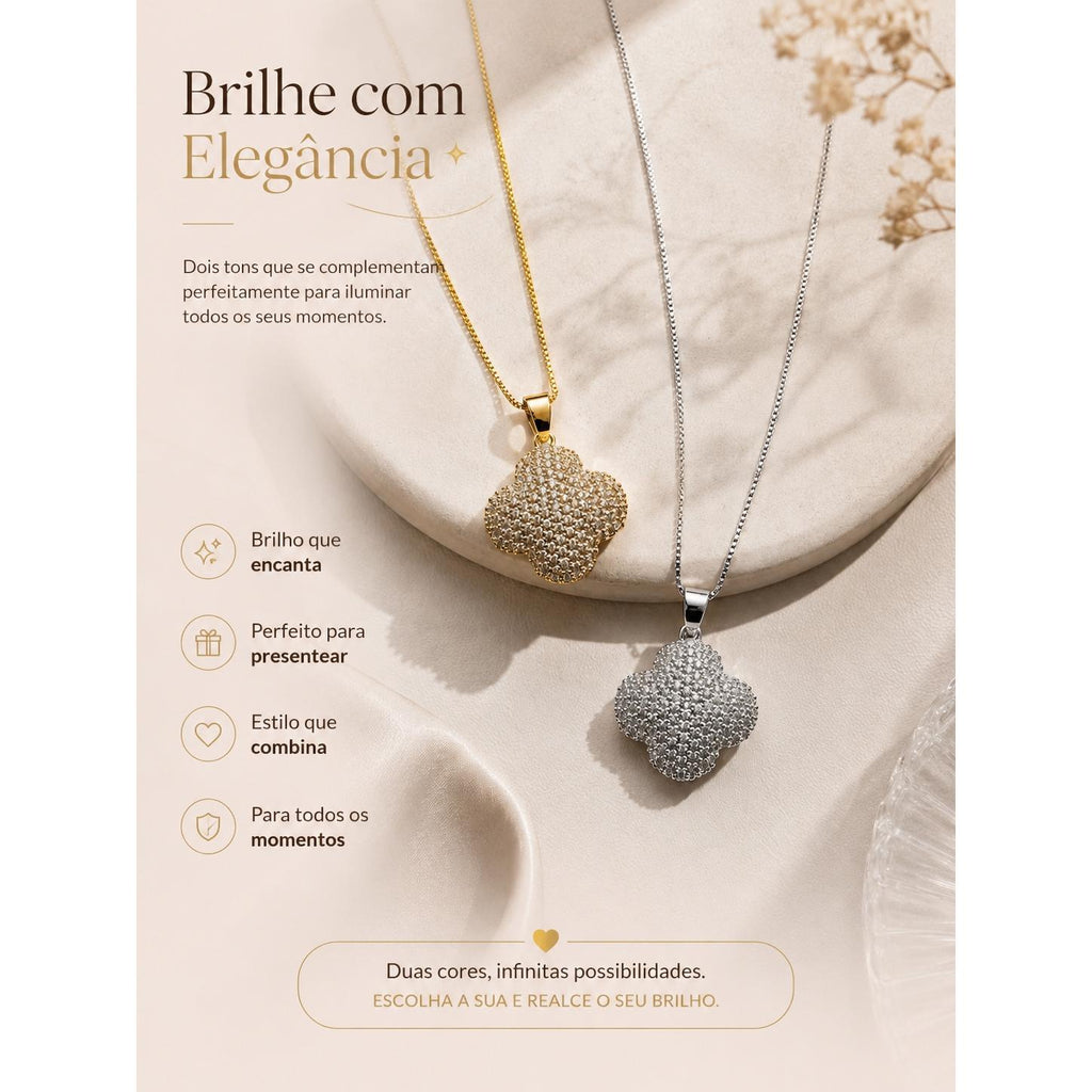 Colar Pingente Trevo/Clover Cravejado de Zircônias