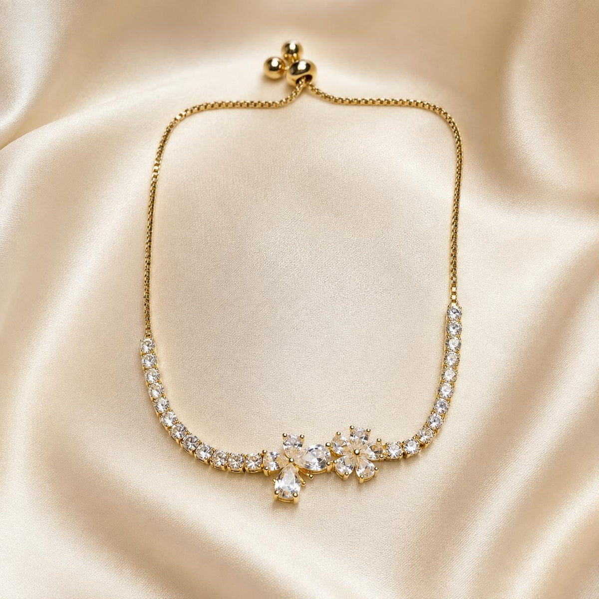 Pulseira Ajustável Duas Flores com Zircônias Brilhantes | Pulseira Feminina Dourada e Prateada Acessório Delicado Luxuoso para Presente