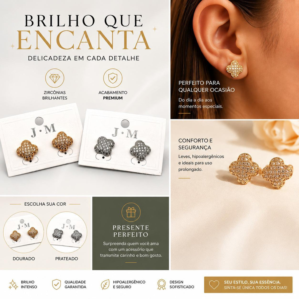 Brinco Trevo de Quatro Folhas em Zircônia