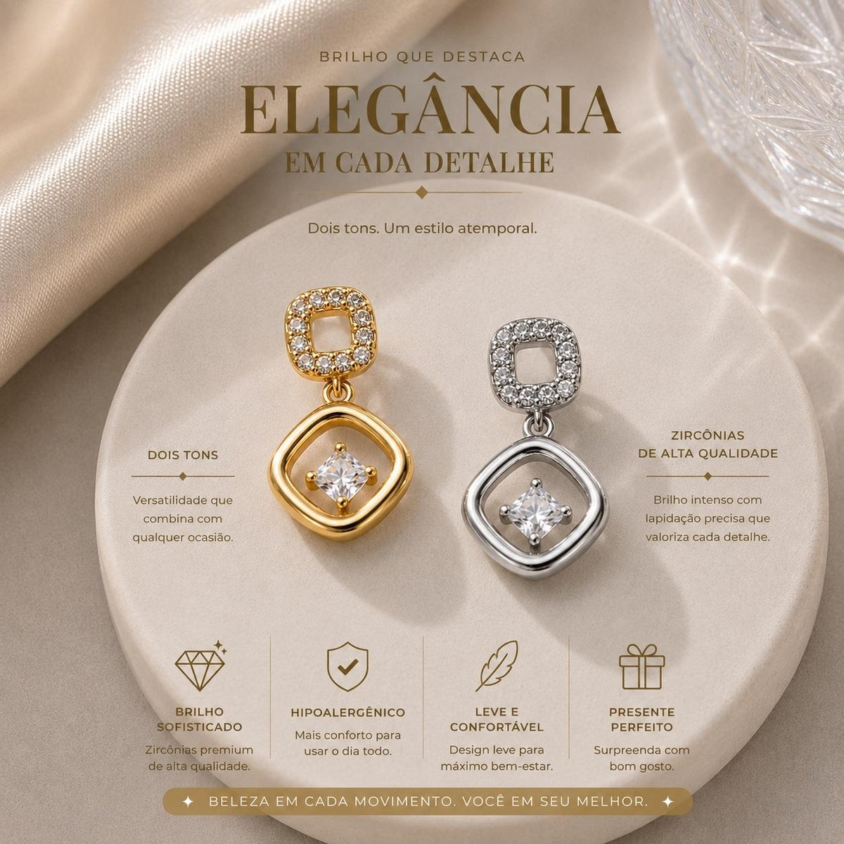Brinco Pendente Duplo Quadrado com Zircônias