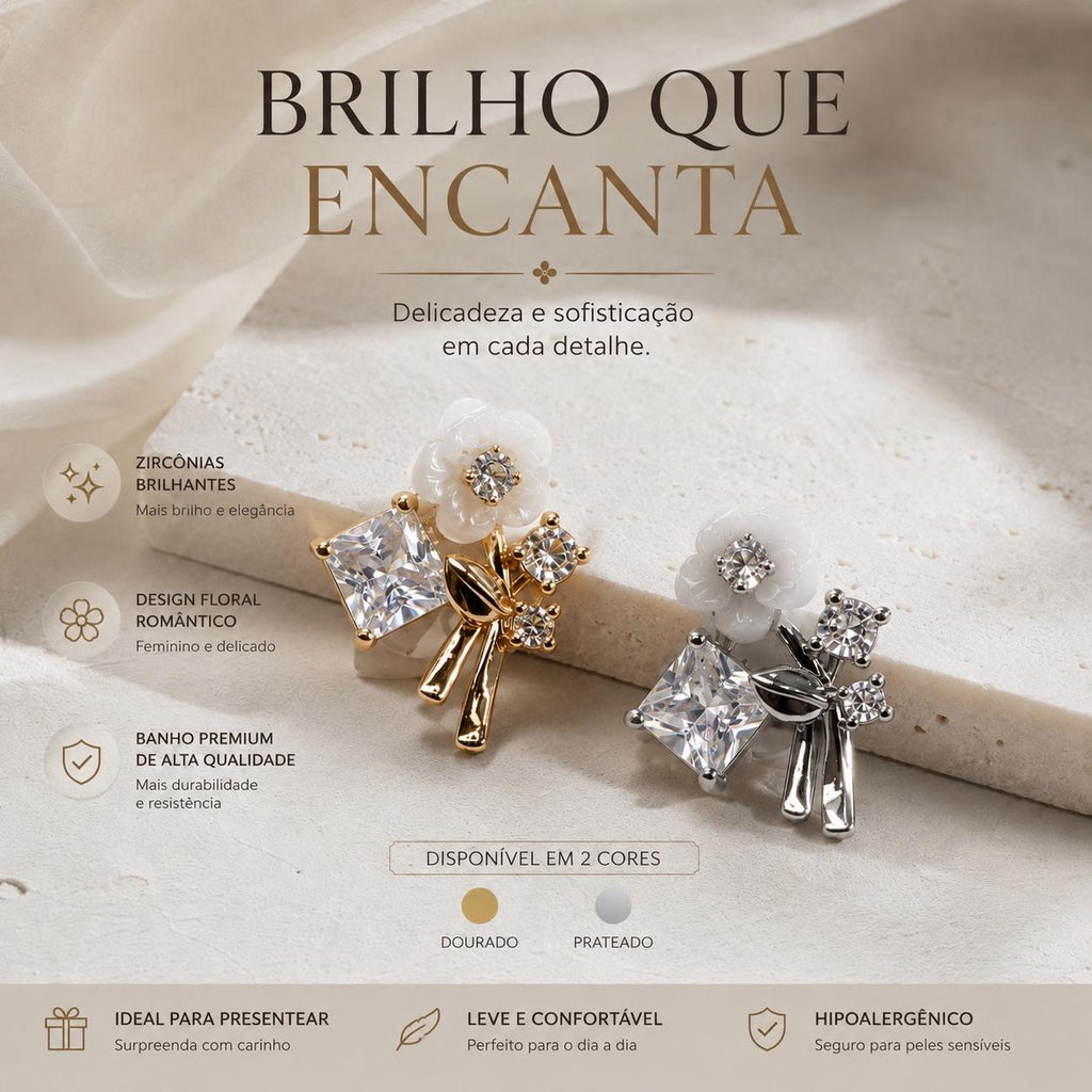 Brinco Flor com Zircônia Quadrada