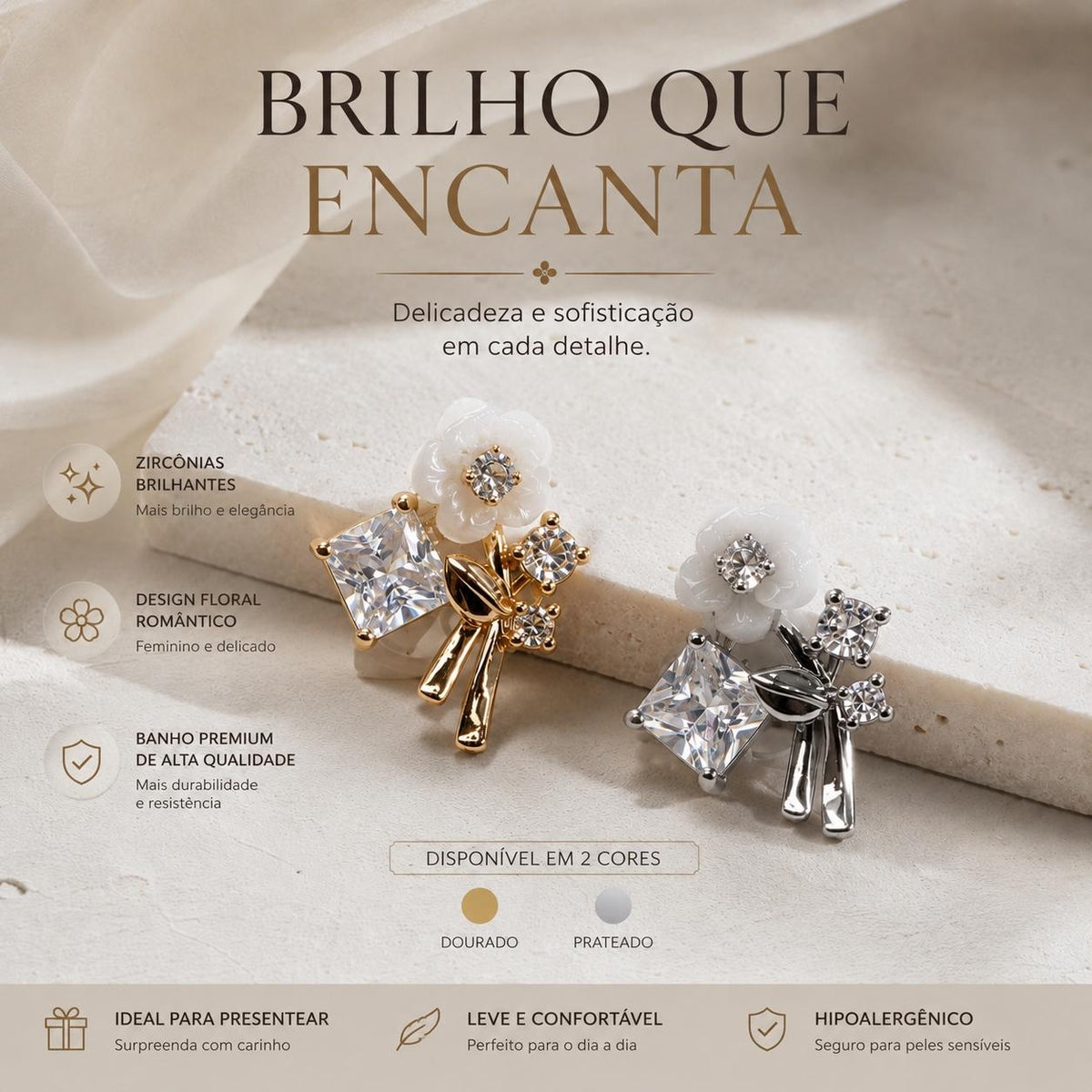 Brinco Flor com Zircônia Quadrada