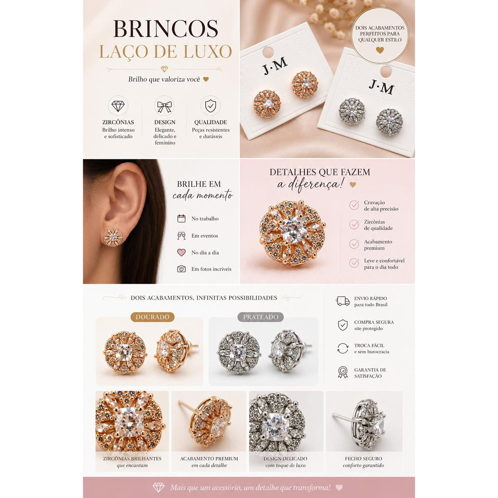 Brinco Flor de Zircônia com Pedra Quadrada Central