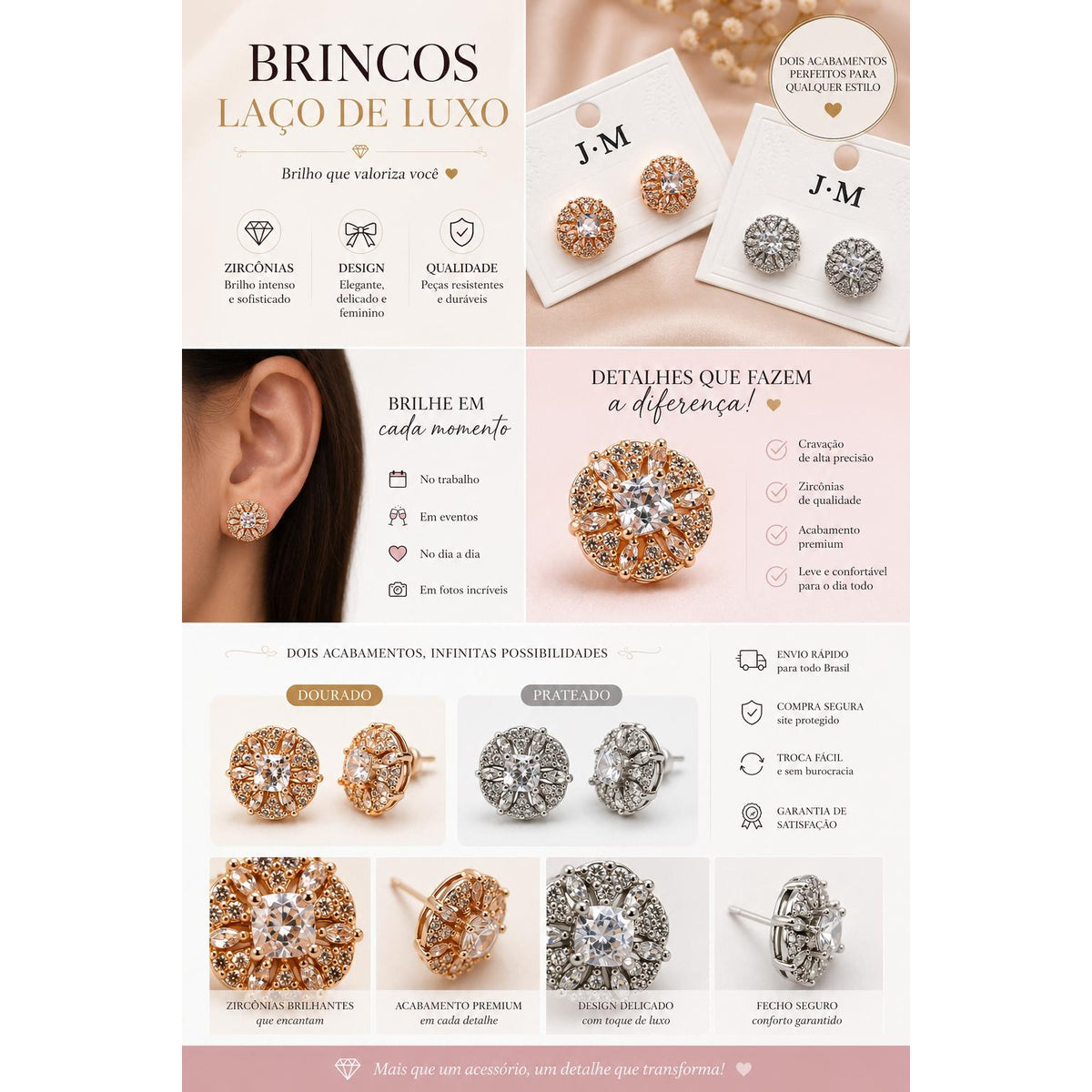 Brinco Flor de Zircônia com Pedra Quadrada Central