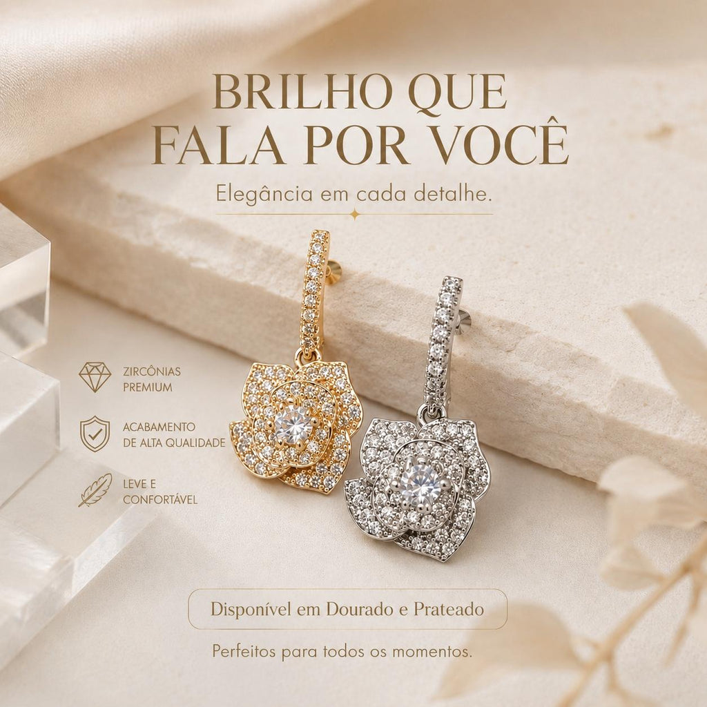 Brinco Pendente Rosa Cravejada com Zircônias
