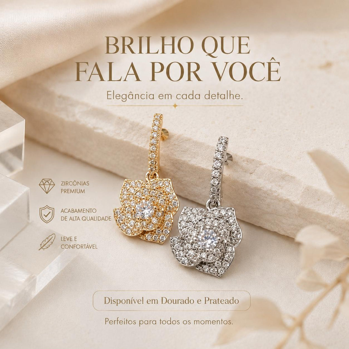 Brinco Pendente Rosa Cravejada com Zircônias
