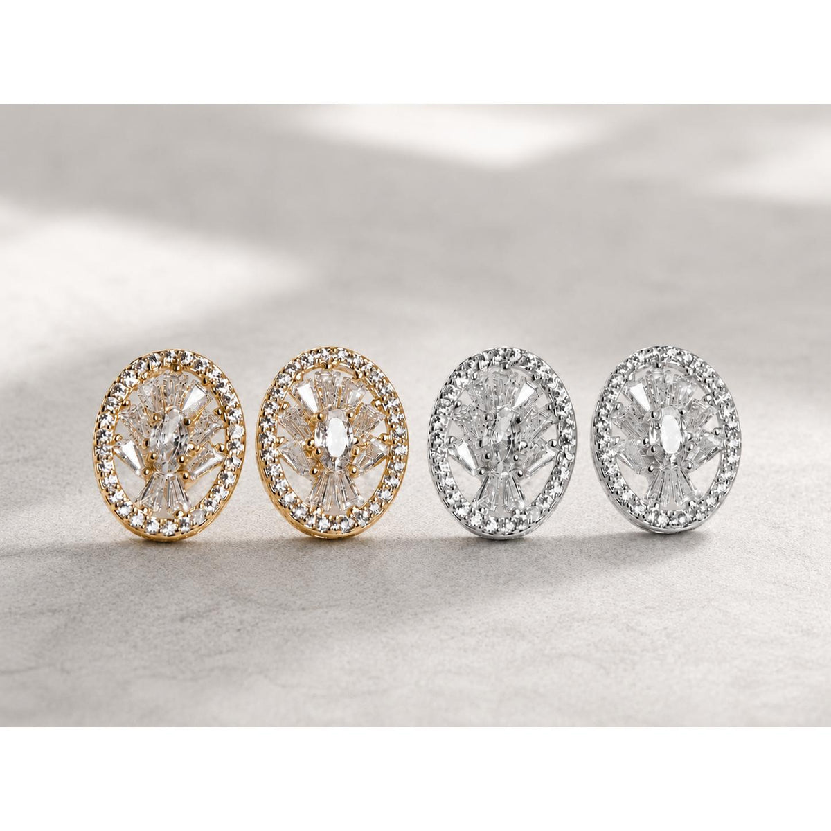 Brinco Oval com Zircônias Baguete e Halo de Brilho