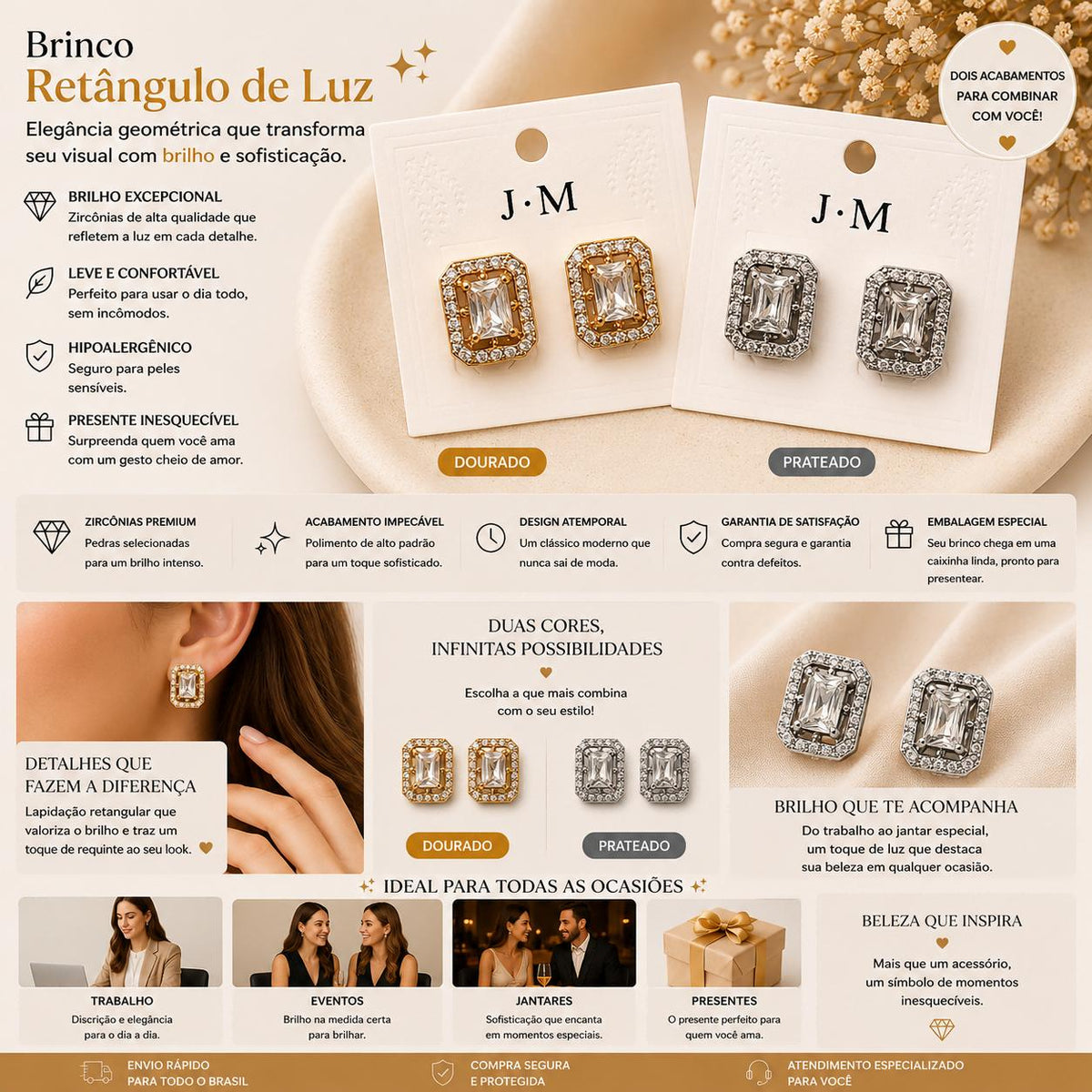 Brinco Quadrado com Zircônia Central e Duplo Halo