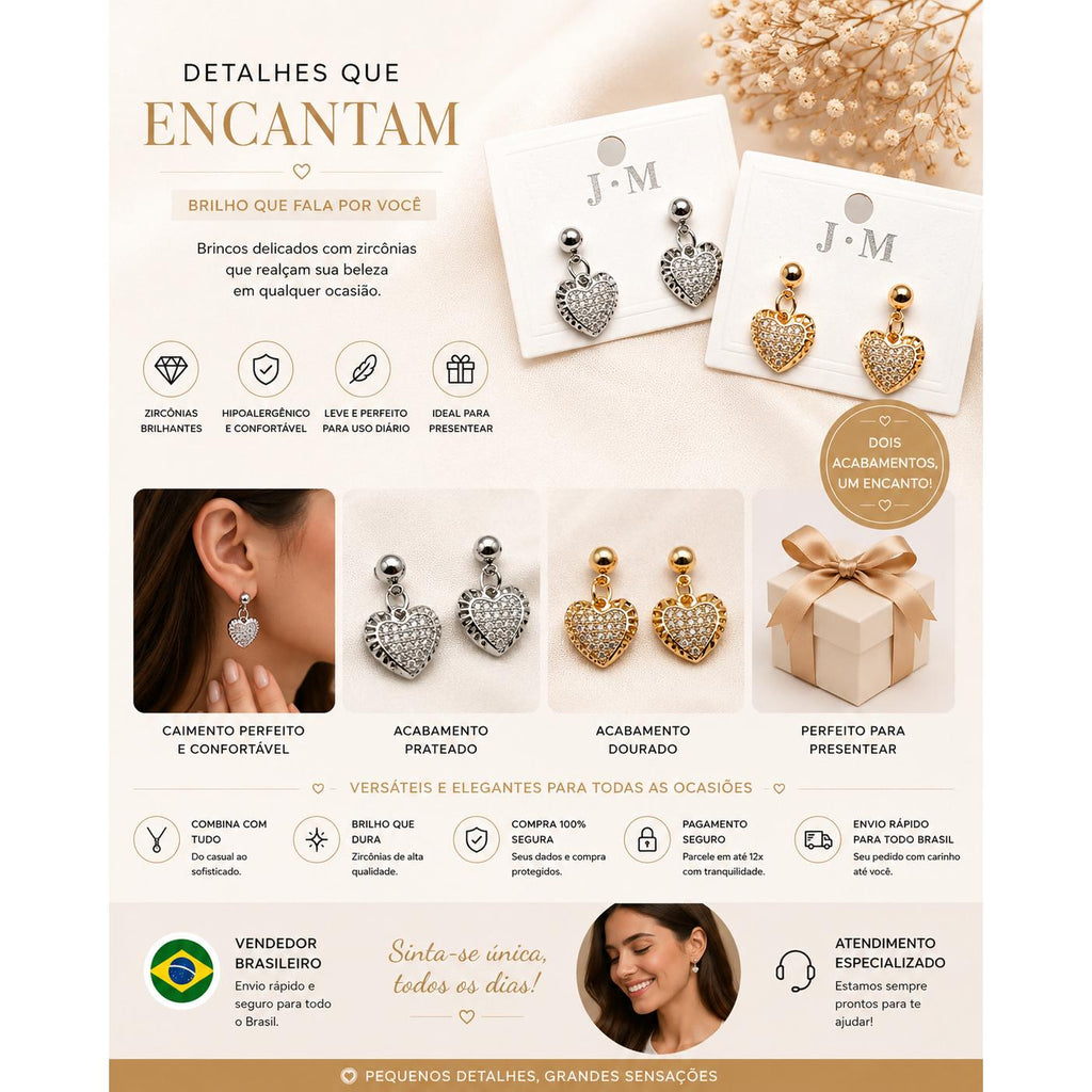 Brinco Coração em Zircônia Luxo - Elegância e Glamour com Design Delicado e Zircônias Brilhantes para Mulheres Charmosas