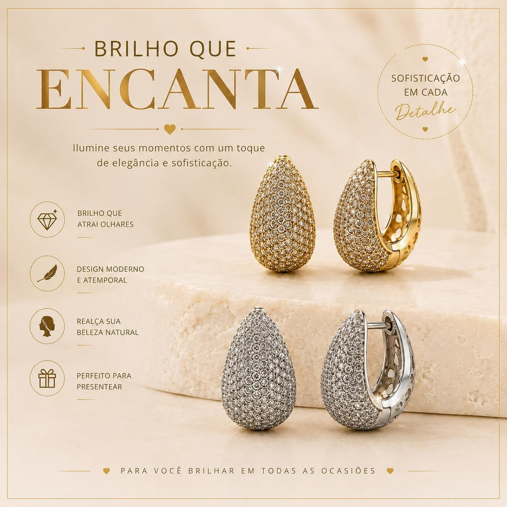 Brinco Argola Gota Pavê Zircônia | Dourado/Prateado, Elegante para Uso Diário e Eventos