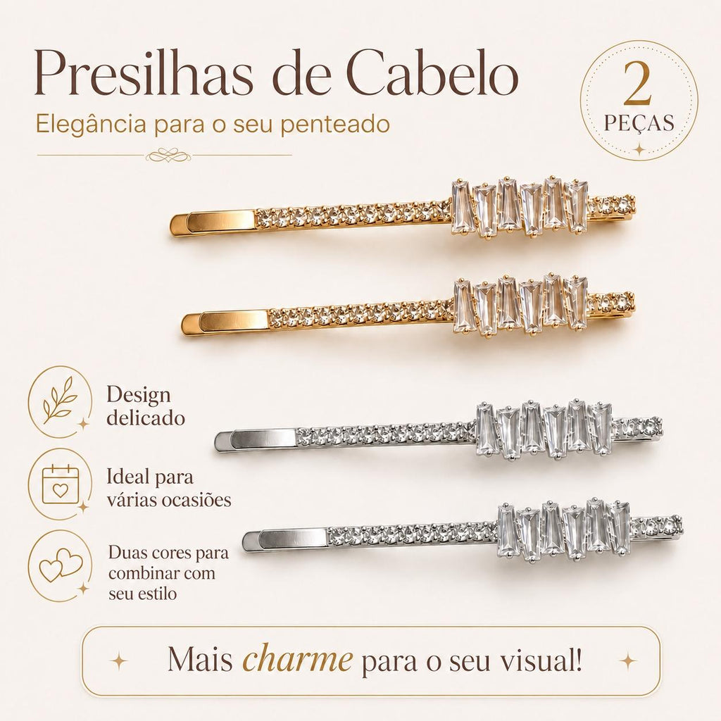 Kit 2 Presilhas de Cabelo Retângulo Zircônia | Presilha Feminina Elegante Dourado e Prateado