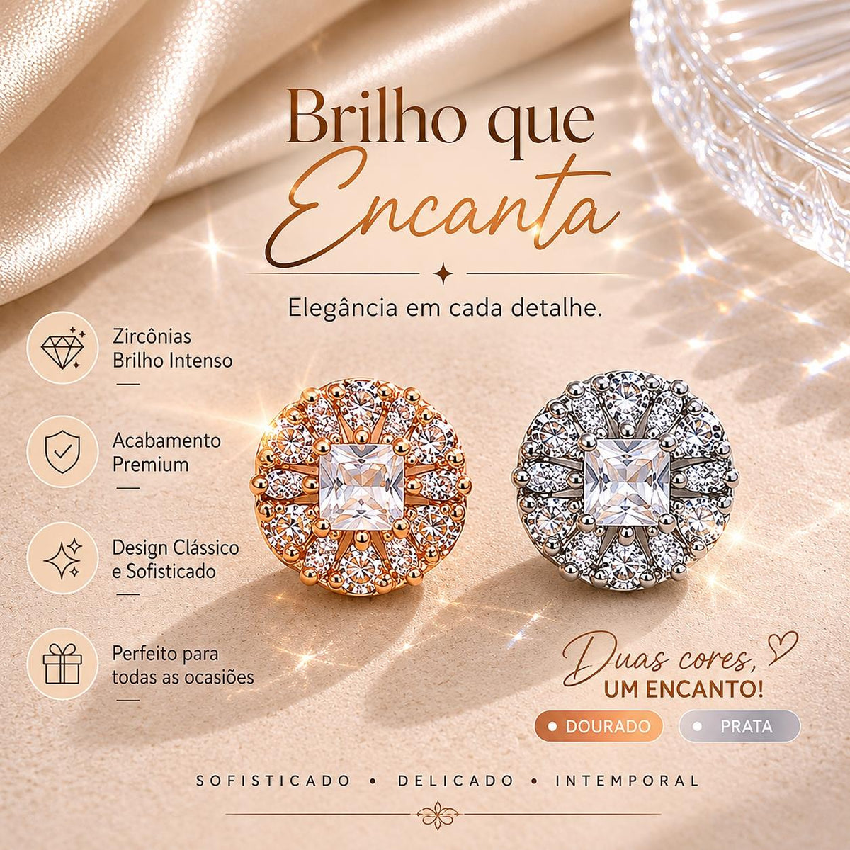 Brinco Flor de Zircônia com Pedra Quadrada Central