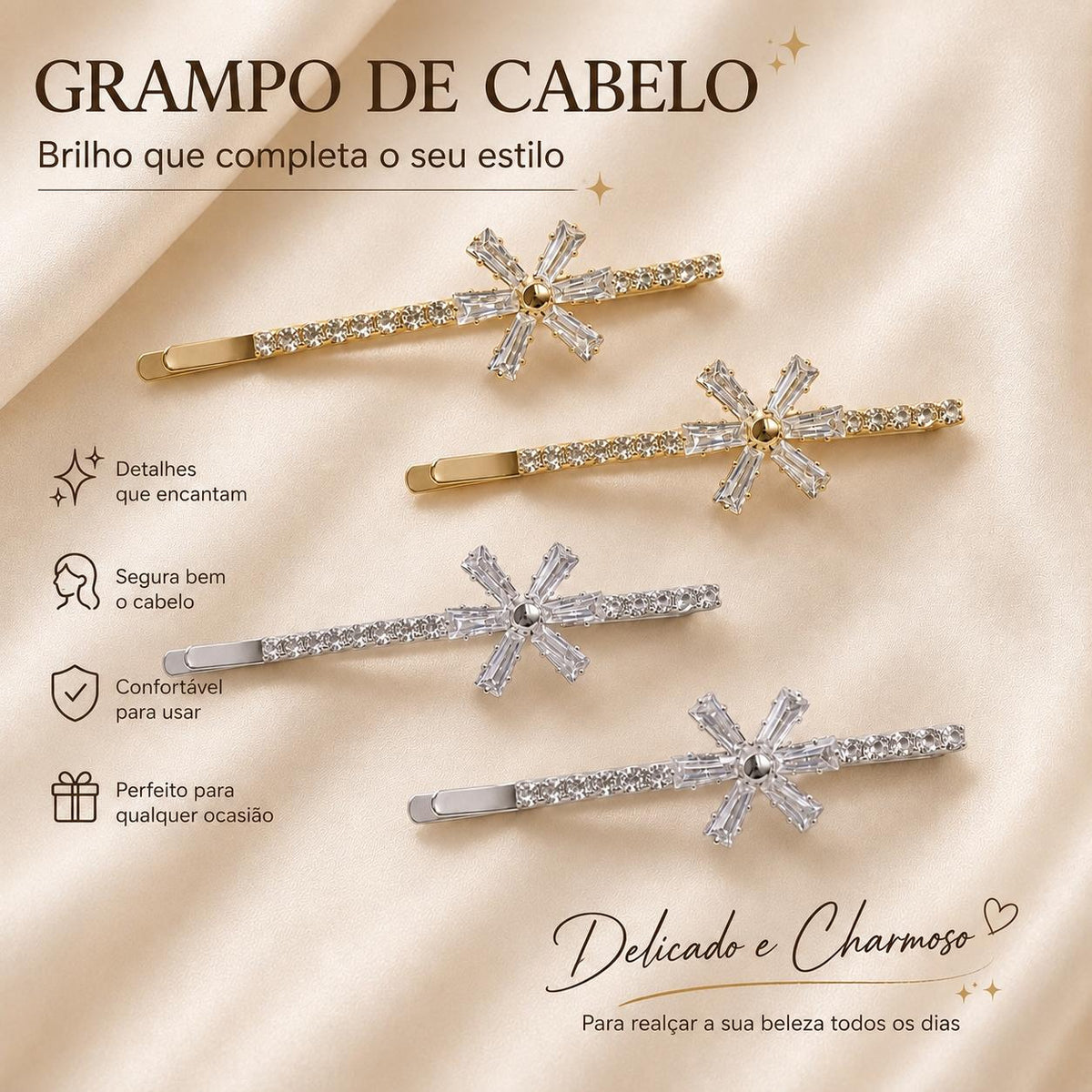 Grampo de Cabelo Flor de Zircônia | Presilha Feminina Delicada, Acabamento Dourado e Prateado