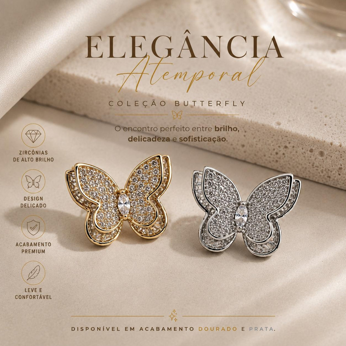 Brinco Borboleta 3D Cravejada com Zircônias