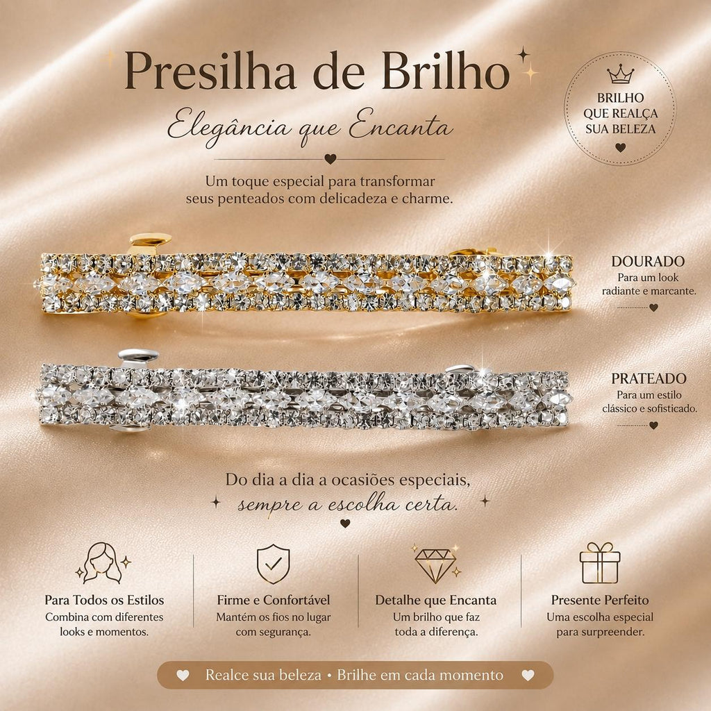 Presilha Retangular Dupla Fileira de Zircônias | Grampo Elegante Dourado e Prateado para Cabelo Dia a Dia e Festas