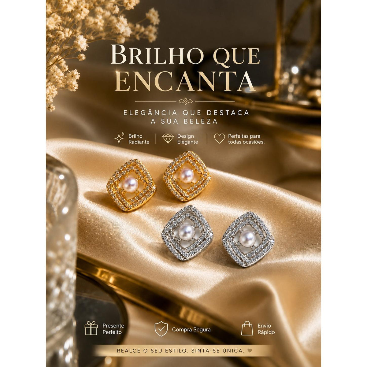 Brinco Quadrado Duplo com Pérola e Zircônia