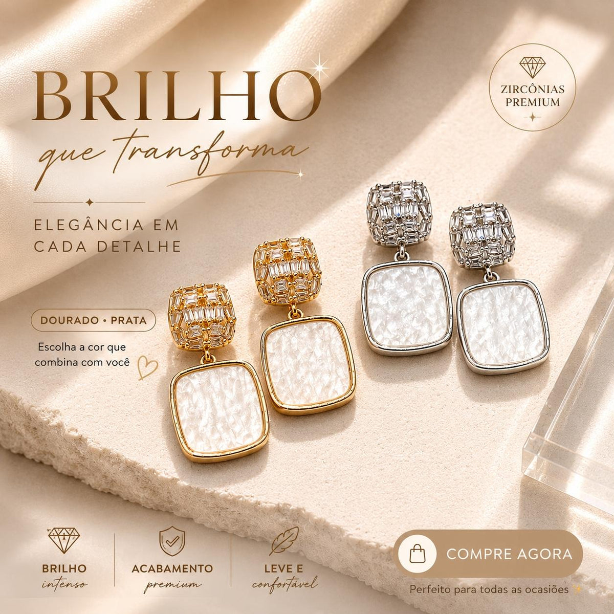 Brinco Pendente Duplo Quadrado com Zircônias e Madrepérola