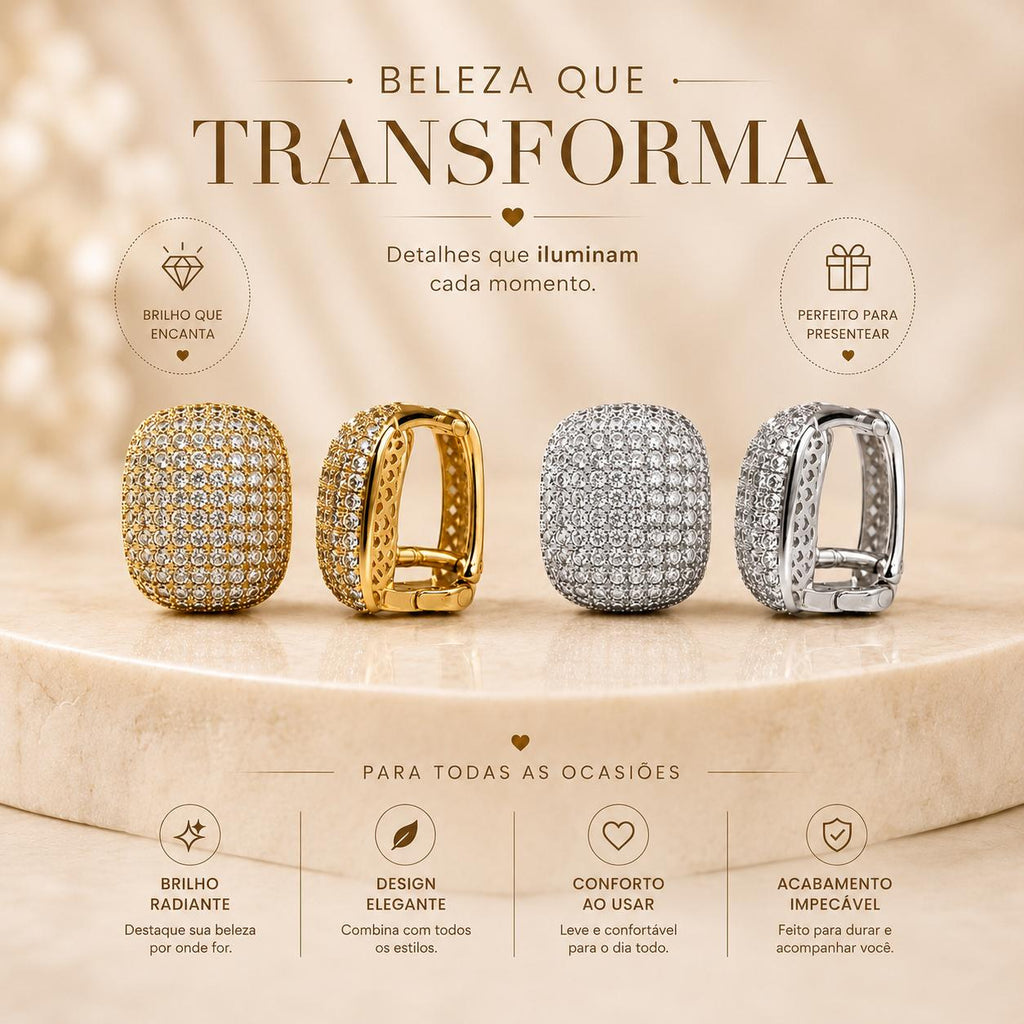 Brinco Argola Quadrado Arredondado Pavê Zircônia | Dourado/Prateado, Leve para Todas Ocasiões