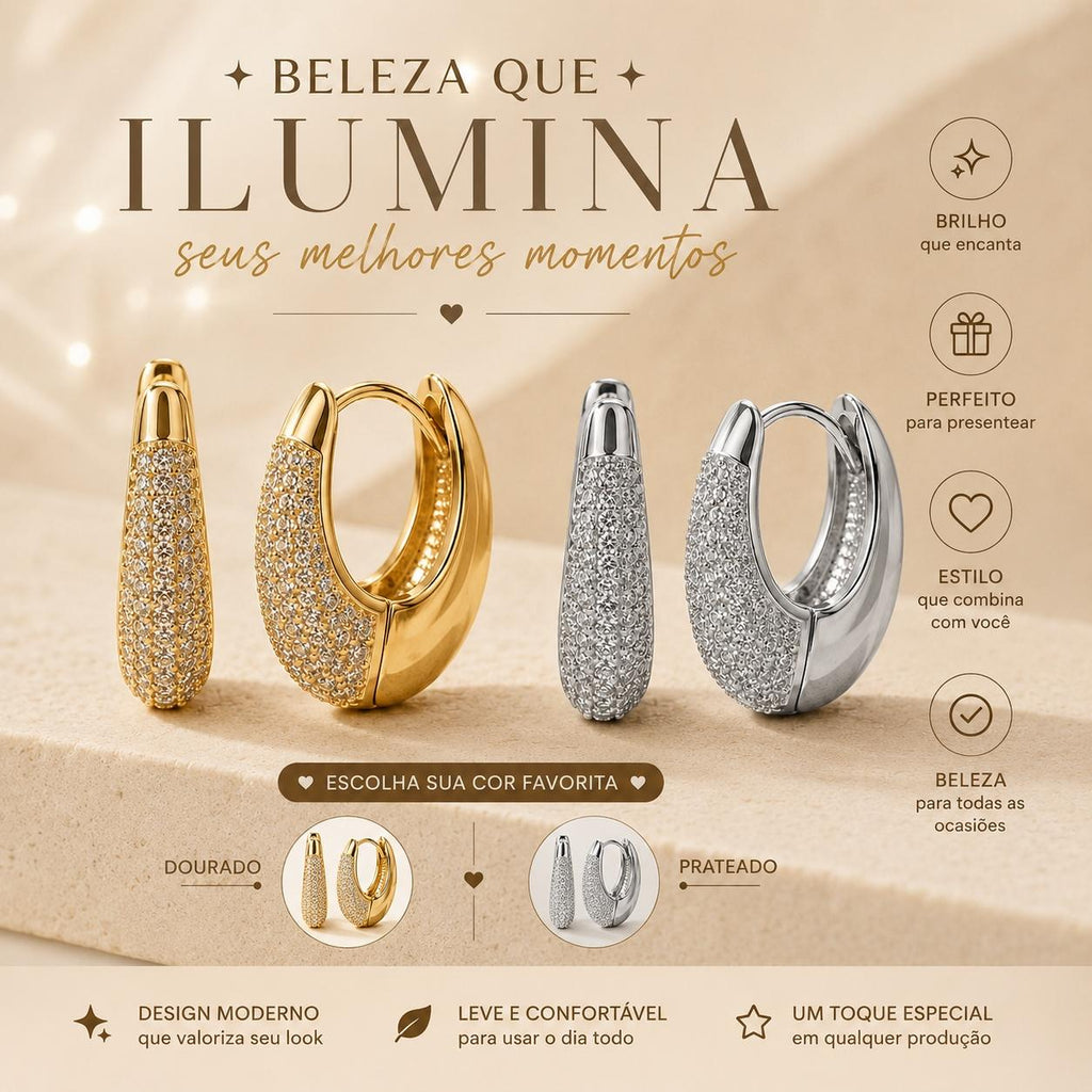 Brinco Argola Cravejado Brilhante Dourado/Prateado | Leve, Uso Diário, Ótimo para Presente