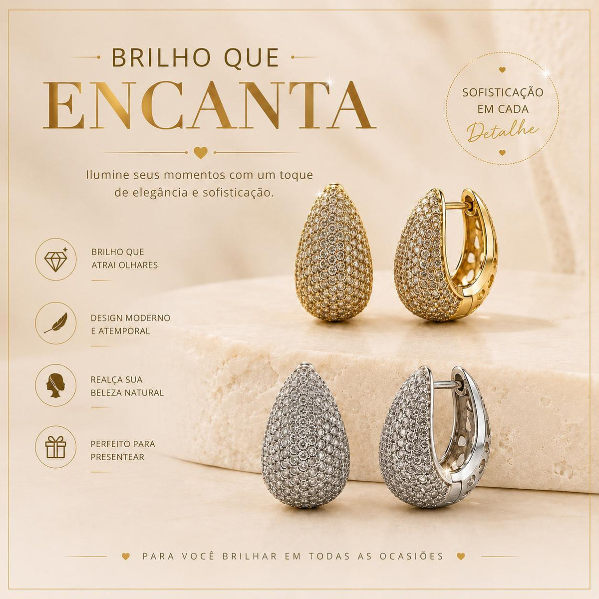 Brinco Argola Gota Pavê Zircônia | Dourado/Prateado, Elegante para Uso Diário e Eventos