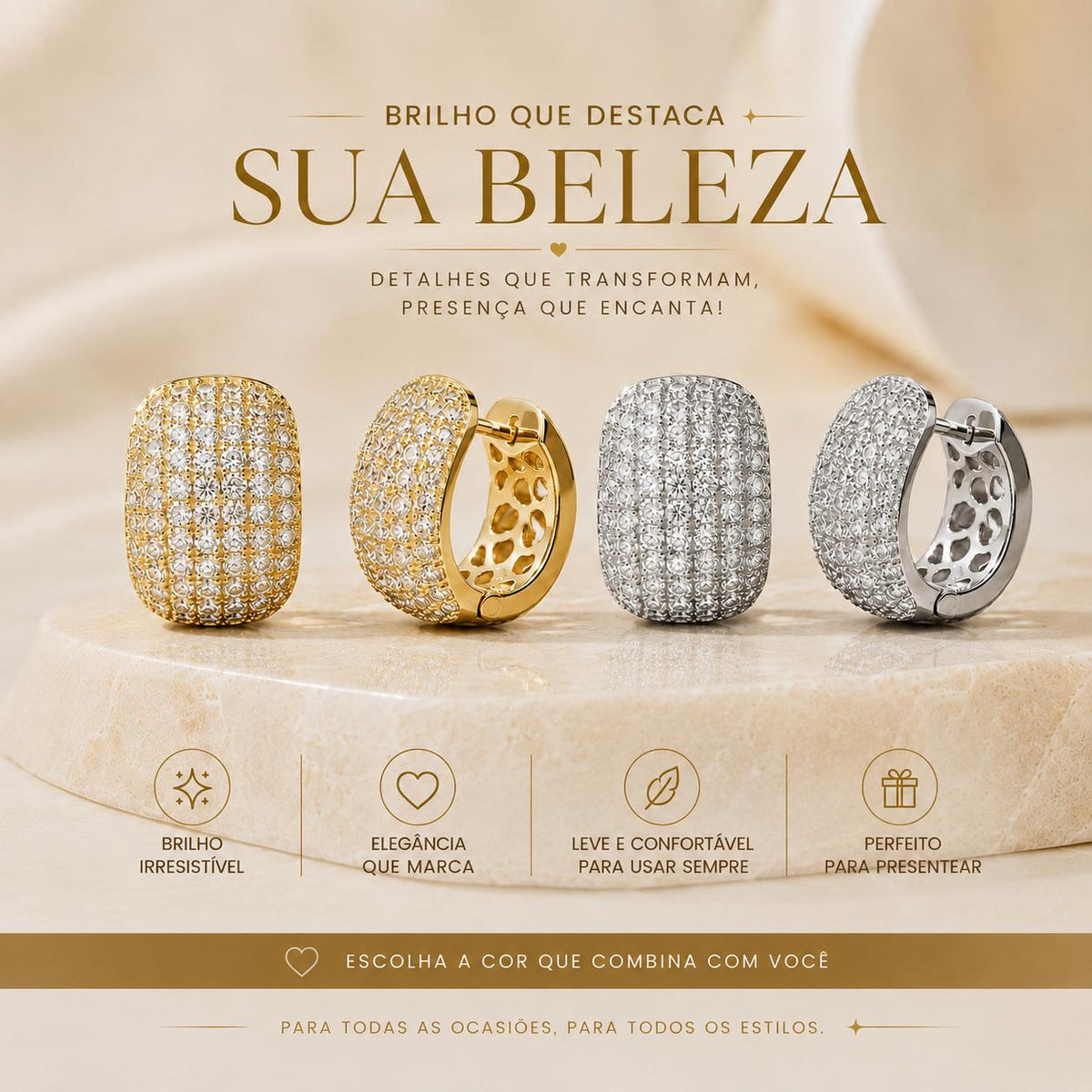 Brinco Argola Largo Pavê Zircônia | Dourado/Prateado, Leve, Elegante para Dia a Dia e Festas