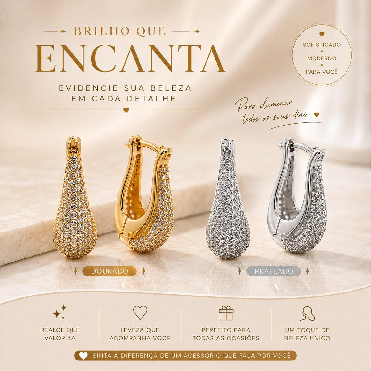 Brinco Gota Pavê de Zircônia | Modelo Moderno Sofisticado Dourado e Prateado