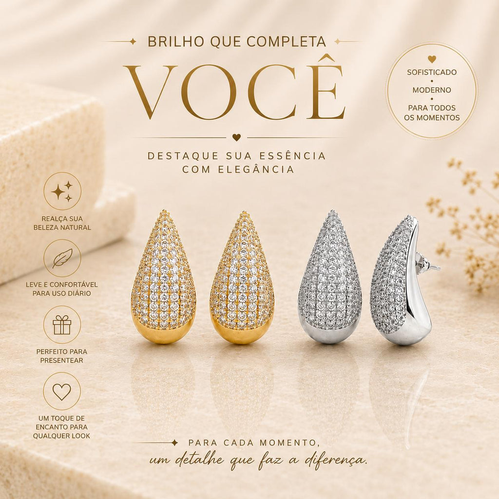 Brinco Gota Pavê Zircônia | Modelo Moderno Sofisticado Dourado/Prateado Uso Diário