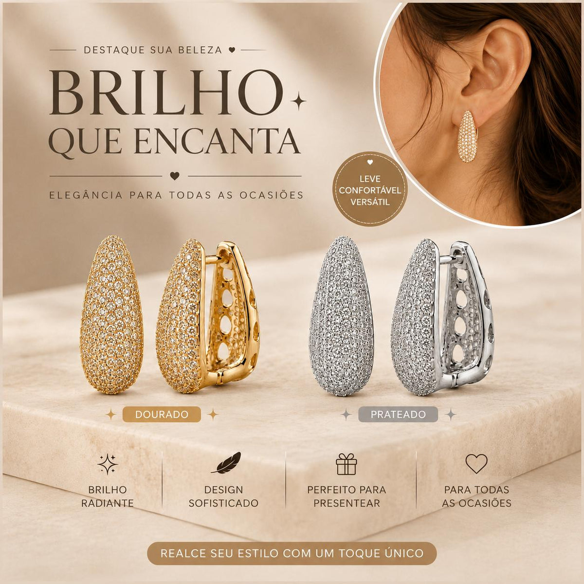 Brinco Argola Oval Cravejado Zircônia | Leve, Confortável e Versátil para Todos os Looks