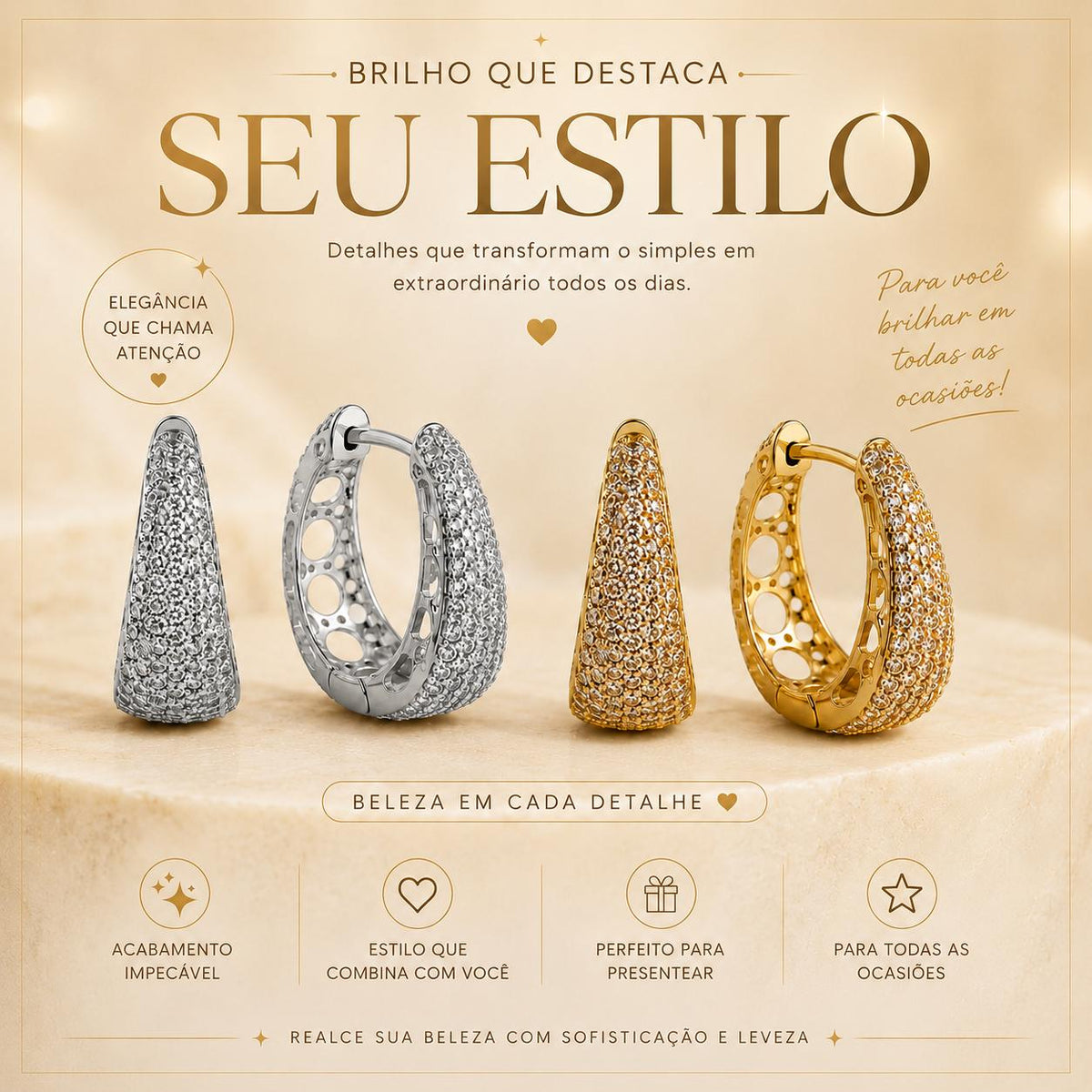 Brinco Argola Cone Pavê Zircônia | Dourado/Prateado Leve Elegante para Uso Diário e Eventos